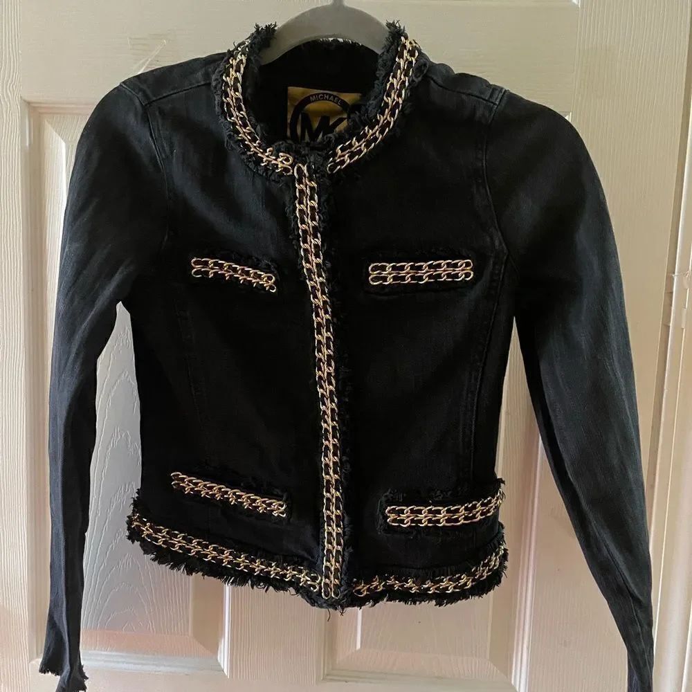 Michael Kors Black Denim Jacket Gold tone Chain fringe ,SZ0